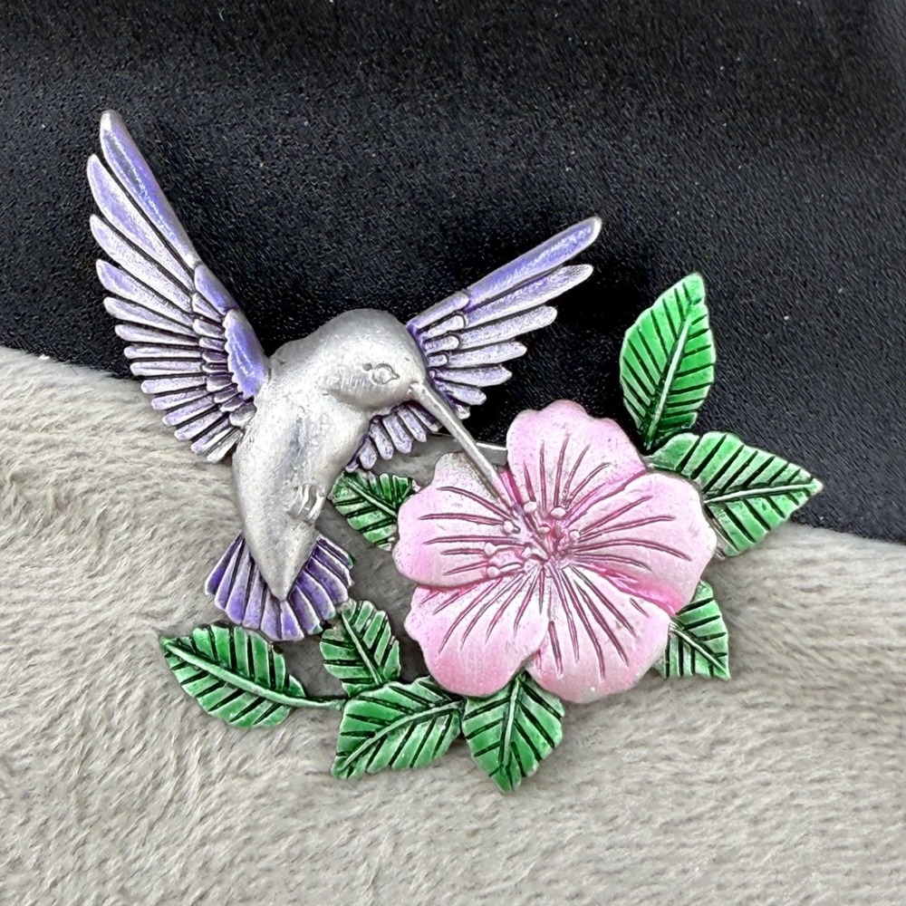 Vintage‎ JJ Brooch Silver Tone Enamel Hummingbird Flower Spring Bird